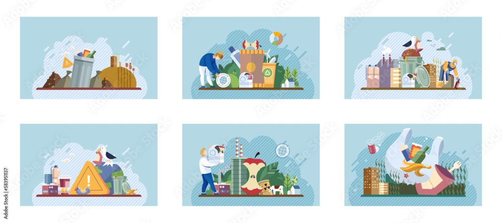 Fototapeta premium Waste and recycle set. Contains concepts trash, plastic, paper, bottle, can dumpster, factory, truck, food, garbage, glass pollution. Metaphor waste pollution. Different types of garbage and waste