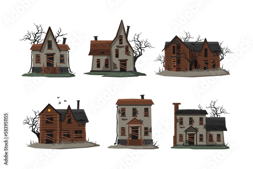 Abandoned House Facade with Open Empty Windows Vector Set