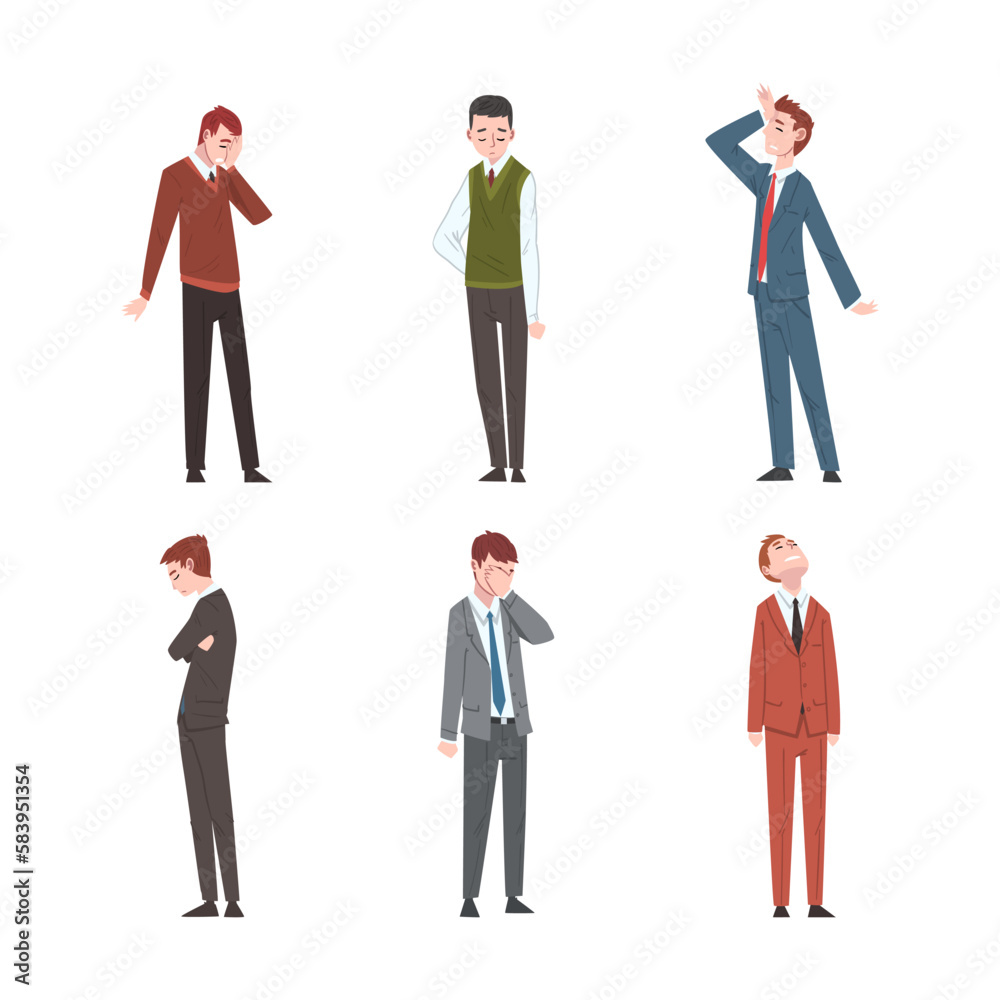 Sad and Frustrated Business Man Character or Unhappy Office Worker Standing with Hang Head Vector Set