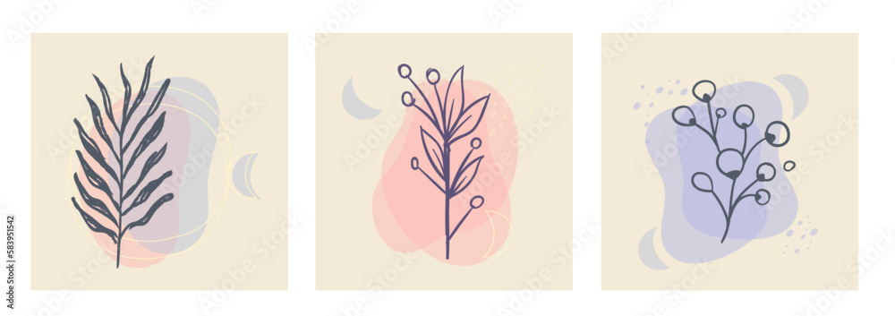 Botanical wall art vector set. Aesthetic Foliage line art drawing with organic abstract shapes. Plant Art design for print, cover, wallpaper. Minimalist and natural design. Botanical wall art vector set. Aesthetic Foliage line art drawing with organic abstract shapes. Plant Art design for print, cover, wallpaper. Minimalist and natural design.