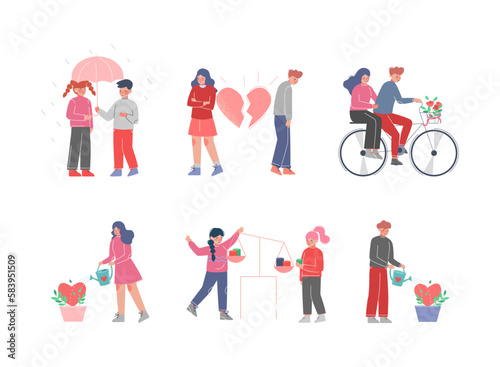 Teen Boy and Girl Experiencing First Love with Broken Heart and Watering Plant Vector Set
