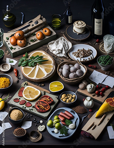 French food for cooking with various spices and condiments, food and props. A beautiful Knolling layout, with natural materials and bright colors.Generative AI.