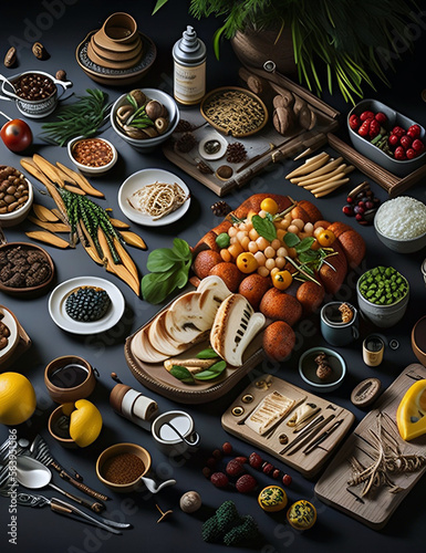 Russian food for cooking with various spices and condiments, food and props. A beautiful Knolling layout, with natural materials and bright colors.Generative AI.