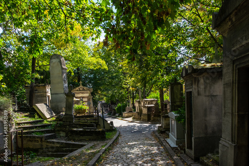 Paris, France, Oct 2022, view of an alley in the Père Lachaise cemetery 