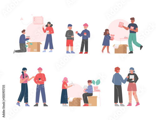 People Character Packing Cardboard Box Moving to New House Vector Set