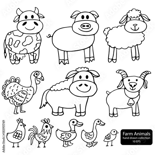 Vector Illustration of Cartoon Animals farm set - Coloring book