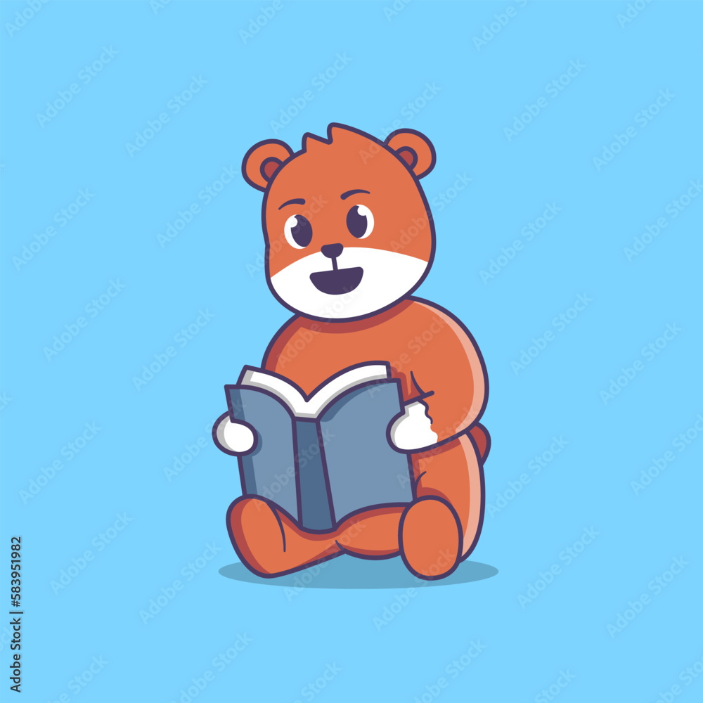 Obraz premium Cute Bear Reading a Book Cartoon Illustration
