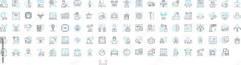 Robotic engineering vector line icons set. Robotics, Engineering, Automation, Machines, Programming, Artificial, Intelligence illustration outline concept symbols and signs Robotic engineering vector line icons set. Robotics, Engineering, Automation, Machines, Programming, Artificial, Intelligence illustration outline concept symbols and signs