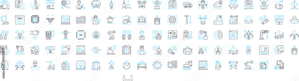 Robotic engineering vector line icons set. Robotics, Engineering, Automation, Machines, Programming, Artificial, Intelligence illustration outline concept symbols and signs