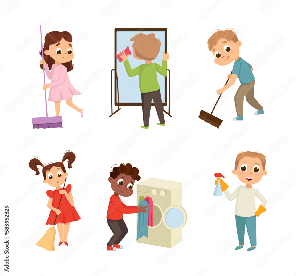 Little Big-eyed Boy and Girl Engaged in Domestic Chores Vector Set