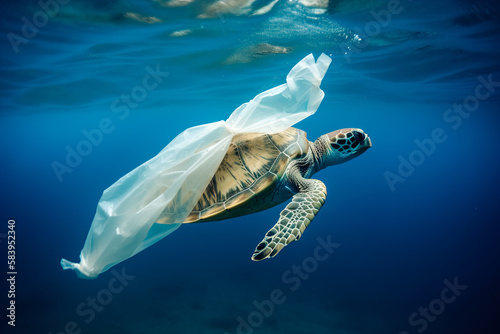 Turtle trapped in plastic garbage floating in the North Pacific, underwater photography. The concept of an ecological disaster caused by plastic garbage. generative ai