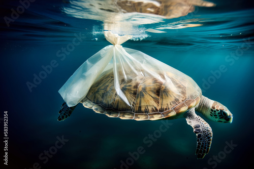 Turtle trapped in plastic garbage floating in the North Pacific, underwater photography. The concept of an ecological disaster caused by plastic garbage. generative ai photo