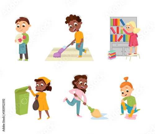 Little Big-eyed Boy and Girl Engaged in Domestic Chores Vector Set