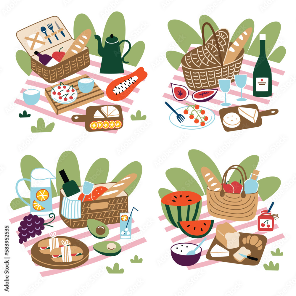 Picnic hand drawn collection, compositions with picnic baskets, food and drinks for outside meal, romantic dinner outdoors, bread, cheese, fruits on blanket, vector illustrations Picnic hand drawn collection, compositions with picnic baskets, food and drinks for outside meal, romantic dinner outdoors, bread, cheese, fruits on blanket, vector illustrations