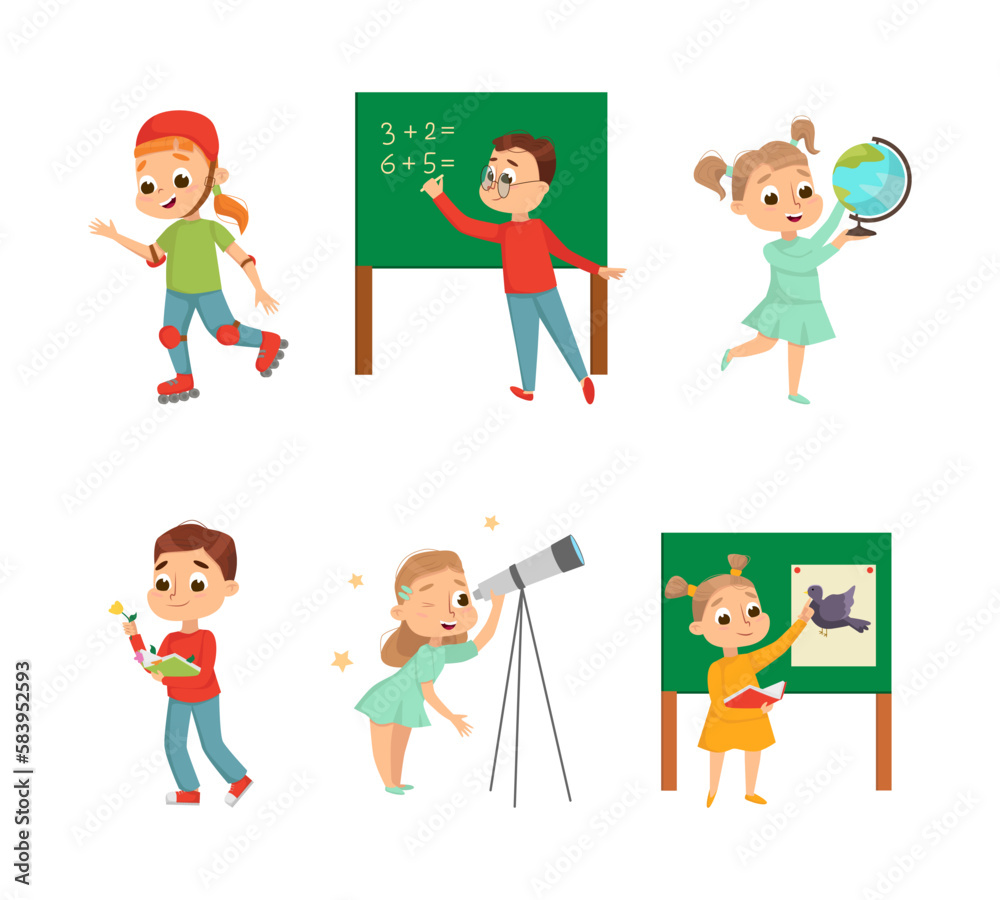 Cute Children in Class Studying and Learning School Subject Vector Set Cute Children in Class Studying and Learning School Subject Vector Set
