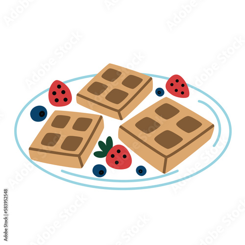 Brussels waffles with berries, waffle icon, vector doodle illustration of plate with dessert for breakfast, picnic, sweet pastry product, isolated colored clipart on white background, restaurant menu