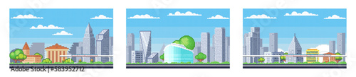 Pixel art landscape. Urban street view, 8 bit city park road, with background buildings and apartments in pixel art, pixel cityscape. Pixelated scene, pixelation gaming playing level, 8 bit city