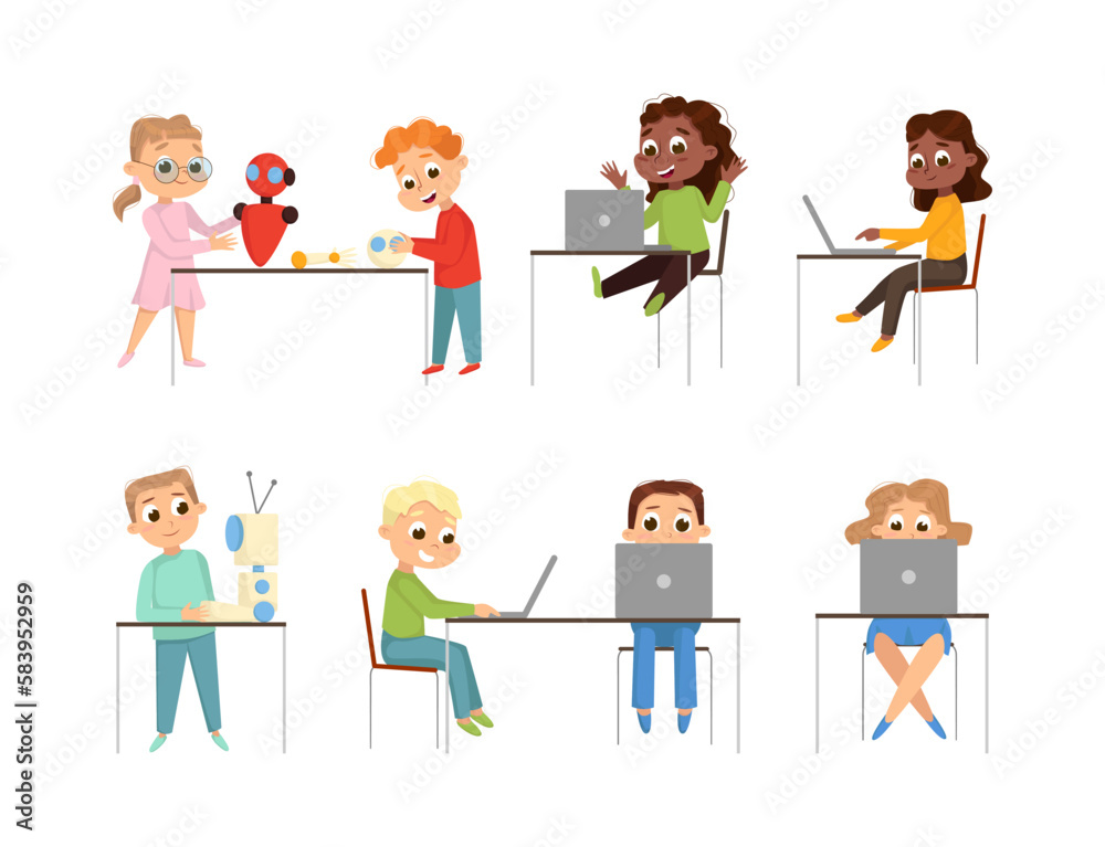 Cute Little Kid Programming and Creating Smart Robot with Laptop Vector Set Cute Little Kid Programming and Creating Smart Robot with Laptop Vector Set