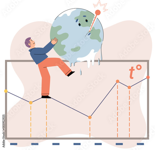 Ill planet Earth with thermometer. Global warming concept. Doctor examines and treats diseased planet, makes tests. Ecological disaster sick globe. Idea of climate change and danger for ecology