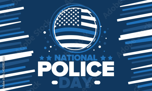 National Police Week in May. Celebrated annual in United States. In honor of the police hero. Police badge and patriotic elements. Officers Memorial Day. Poster, card, banner. Vector illustration