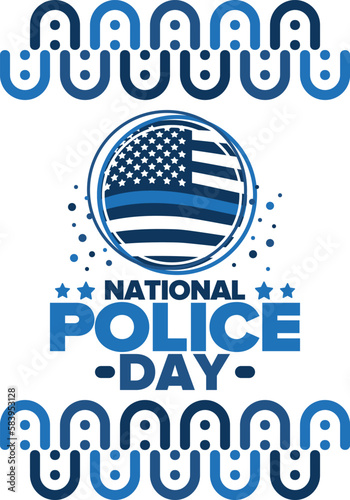 National Police Week in May. Celebrated annual in United States. In honor of the police hero. Police badge and patriotic elements. Officers Memorial Day. Poster, card, banner. Vector illustration