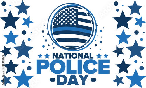 National Police Week in May. Celebrated annual in United States. In honor of the police hero. Police badge and patriotic elements. Officers Memorial Day. Poster, card, banner. Vector illustration