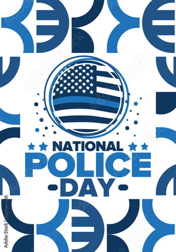 National Police Week in May. Celebrated annual in United States. In honor of the police hero. Police badge and patriotic elements. Officers Memorial Day. Poster, card, banner. Vector illustration