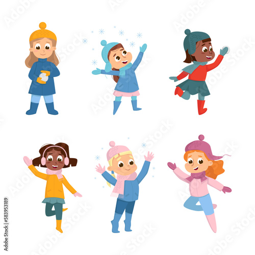 Cheerful Girl Walking and Enjoying Winter Holiday Vector Set