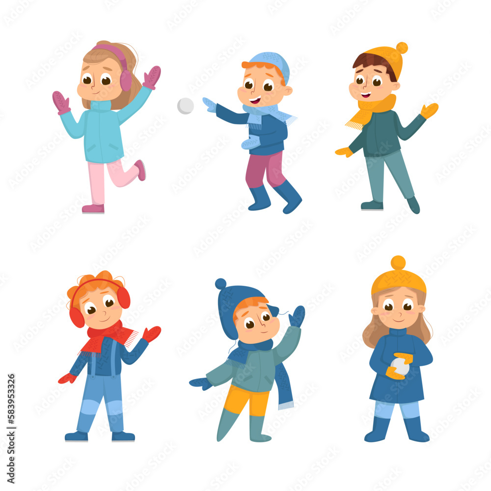 Cheerful Boy and Girl Walking and Enjoying Winter Holiday Vector Set Cheerful Boy and Girl Walking and Enjoying Winter Holiday Vector Set