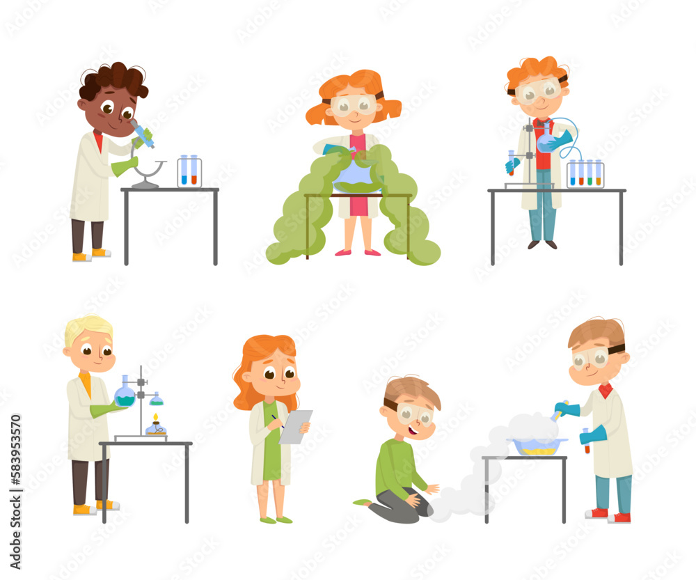 Funny Boy and Girl in Laboratory Coat Making Research with Chemicals in Glass Flask Vector Illustration Set Funny Boy and Girl in Laboratory Coat Making Research with Chemicals in Glass Flask Vector Illustration Set