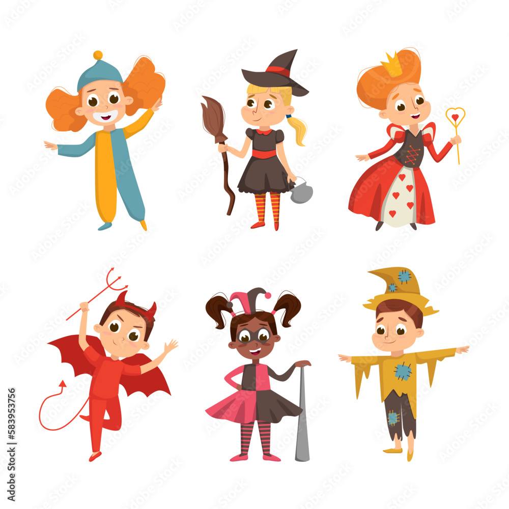 Funny Boy and Girl Dressed in Halloween Costume Vector Illustration Set
