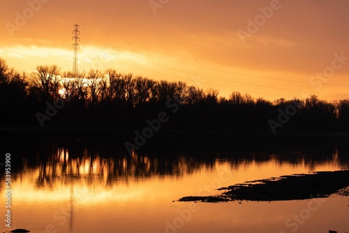 Dramatic shot of silhouette of trees reflecting on the lake surface during golden hour at sunset © Viktor17/Wirestock Creators