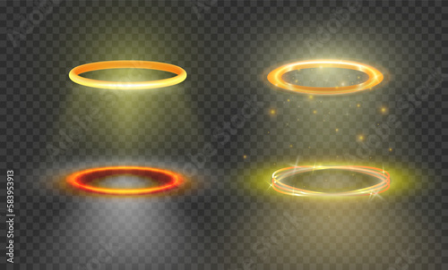Collection of 4 three dimensional shiny golden nimbus isolated on transparent background. Glossy realistic halo, angel ring, Saint aureole symbol. Vector illustration EPS 10