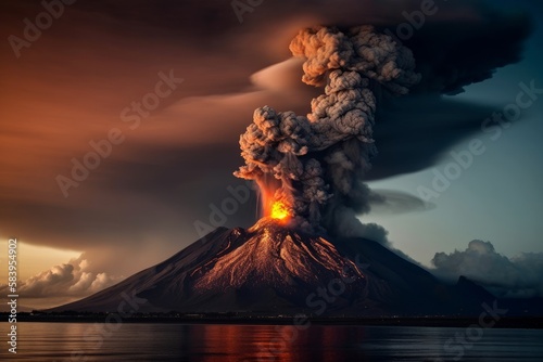 Volcanic Mountain In Eruption  smoke and lava. Generative AI Technology
