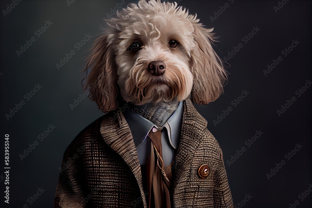 Portrait of a dog in fashion suite. Fashion Week concept.