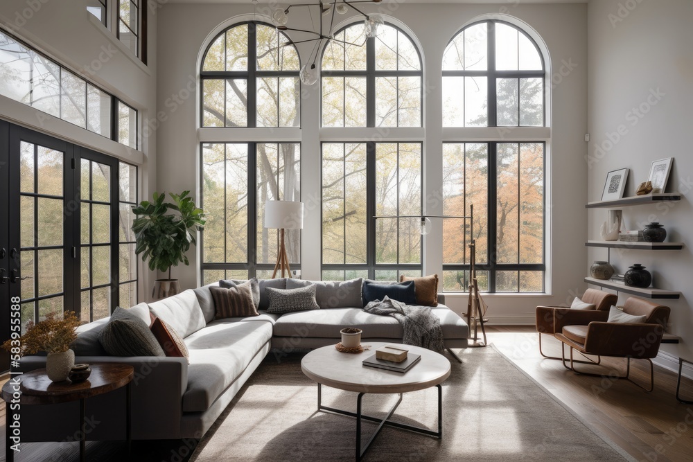 Living room with high windows and sofa. Interior Design concept ...