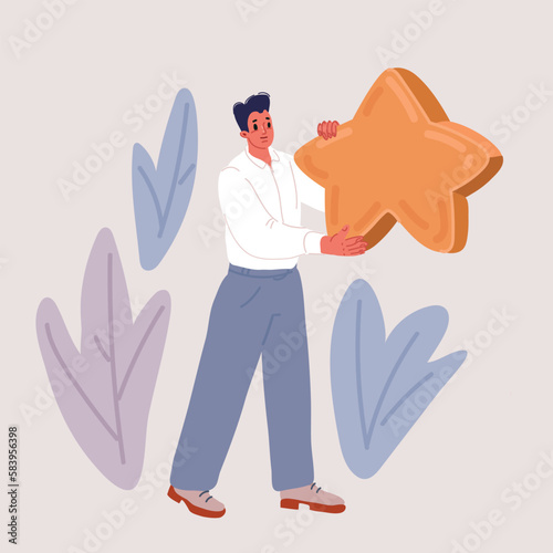 Vector illustration of Ranking Evaluation and Classification Concept. Man Holding Golden Star in Hands. Rating. Review and Feedback for Services in Mobile App, Rating.