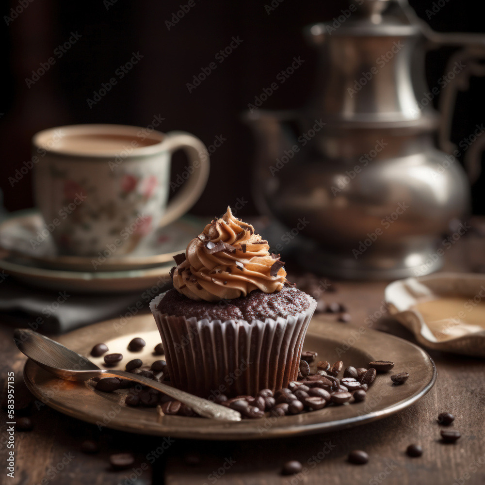 Chocolate cupcake and offee with mint on wooden table Chocolate cupcake and offee with mint on wooden table