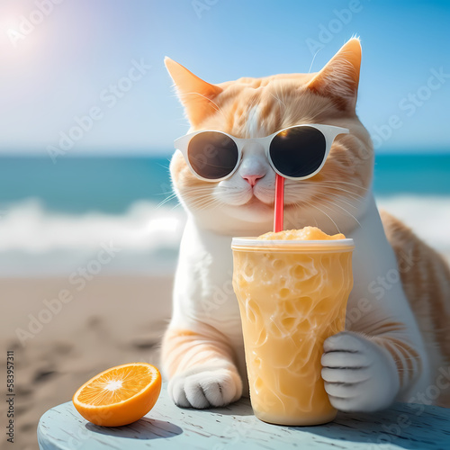 Adorable Cat With Orange Juice. Generative AI