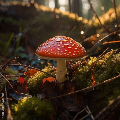 Mushrooms in the forest. Generative AI.