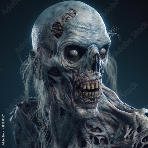 Portrait of a scary zombie man in dark lighting. Generative AI.