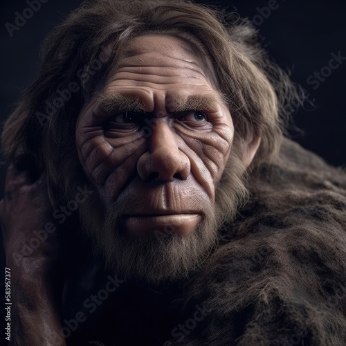 Illustration portrait of a Neanderthal. Generative AI.