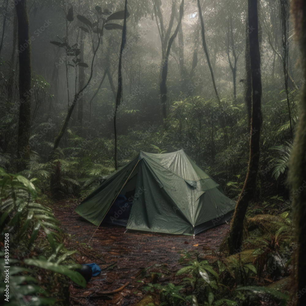 Rain over forest. The tent of tourists in the pouring rain. Generative AI. Rain over forest. The tent of tourists in the pouring rain. Generative AI.