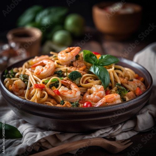 Pasta spaghetti with shrimps on the table. Generative AI.