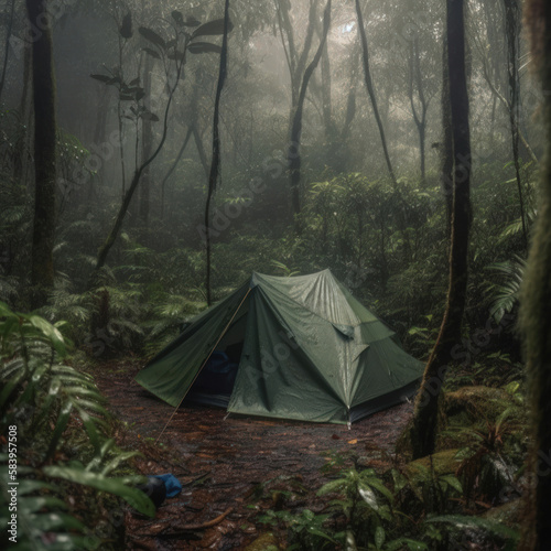 Rain over forest. The tent of tourists in the pouring rain. Generative AI.