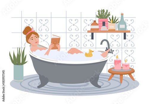Woman having bathroom with foam and reading book
