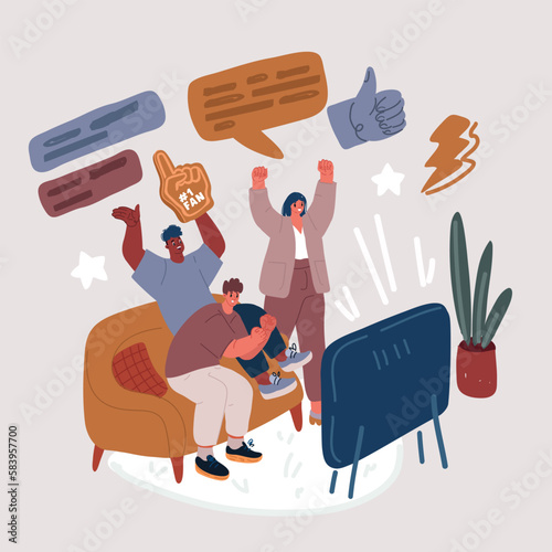 Vector illustration of Football Fans Watching Match, Male Characters Soccer Supporters Cheering for Favorite Team on Tv Sitting on Bar Chairs Rear View. Excited Men Screaming with Beer.