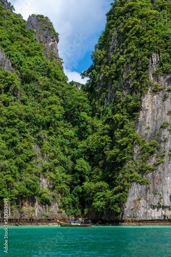 Low angle vertical shot of a cliff in phi phi islands