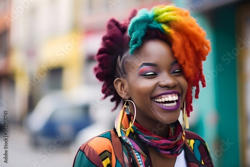 Black african american woman with multicolored hair smiling on the beach Generative AI