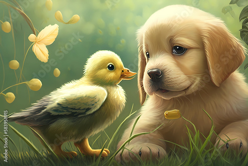 Victor Illustration Showcasing a Playful Puppy and a Delightful Chick Frolicking Together in a Serene Lush Green Garden Setting, Generative ai photo